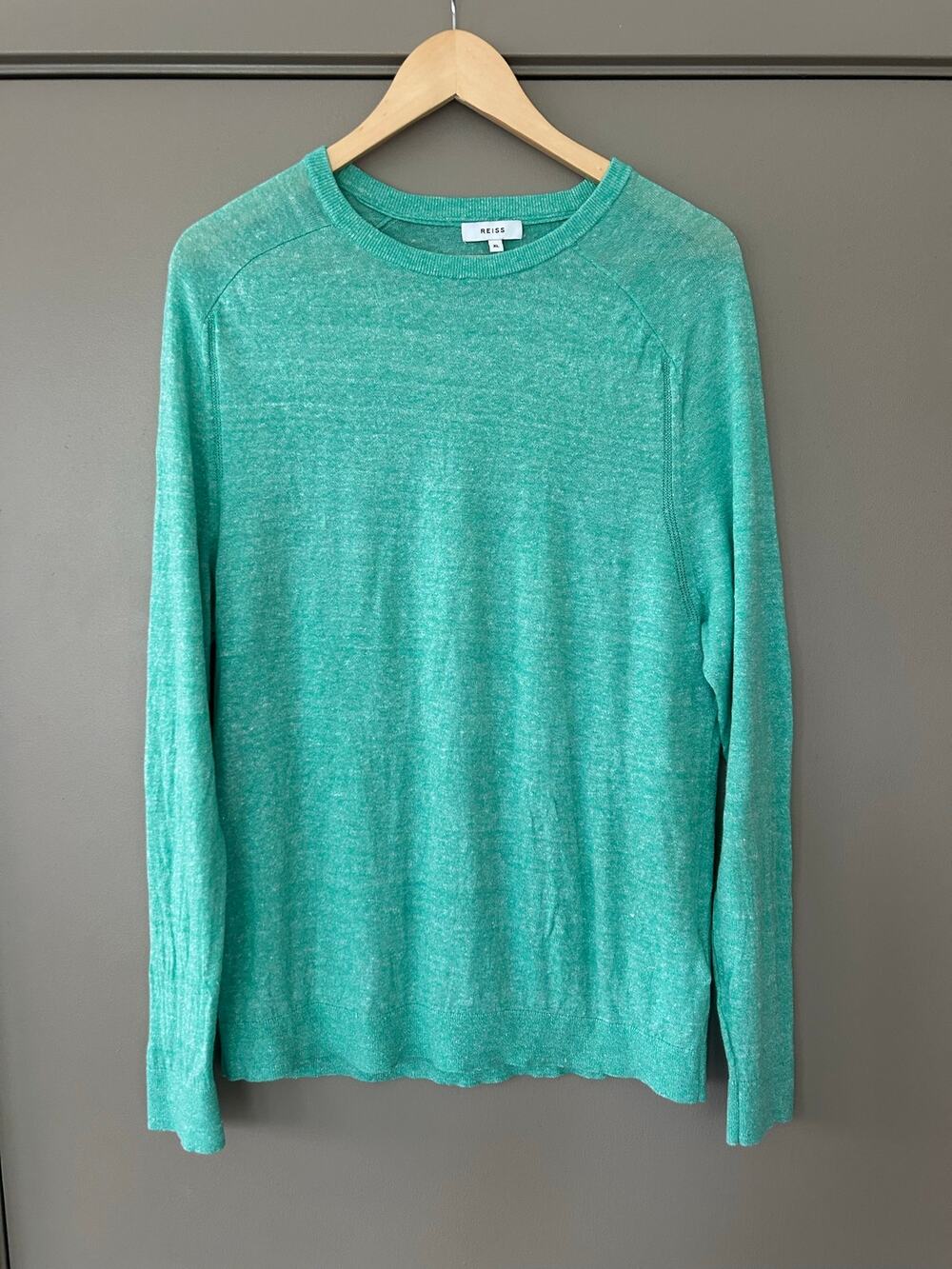REISS Sage Green Crew Neck Sweater Long Sleeve Merino Wool linen Blend coastal
